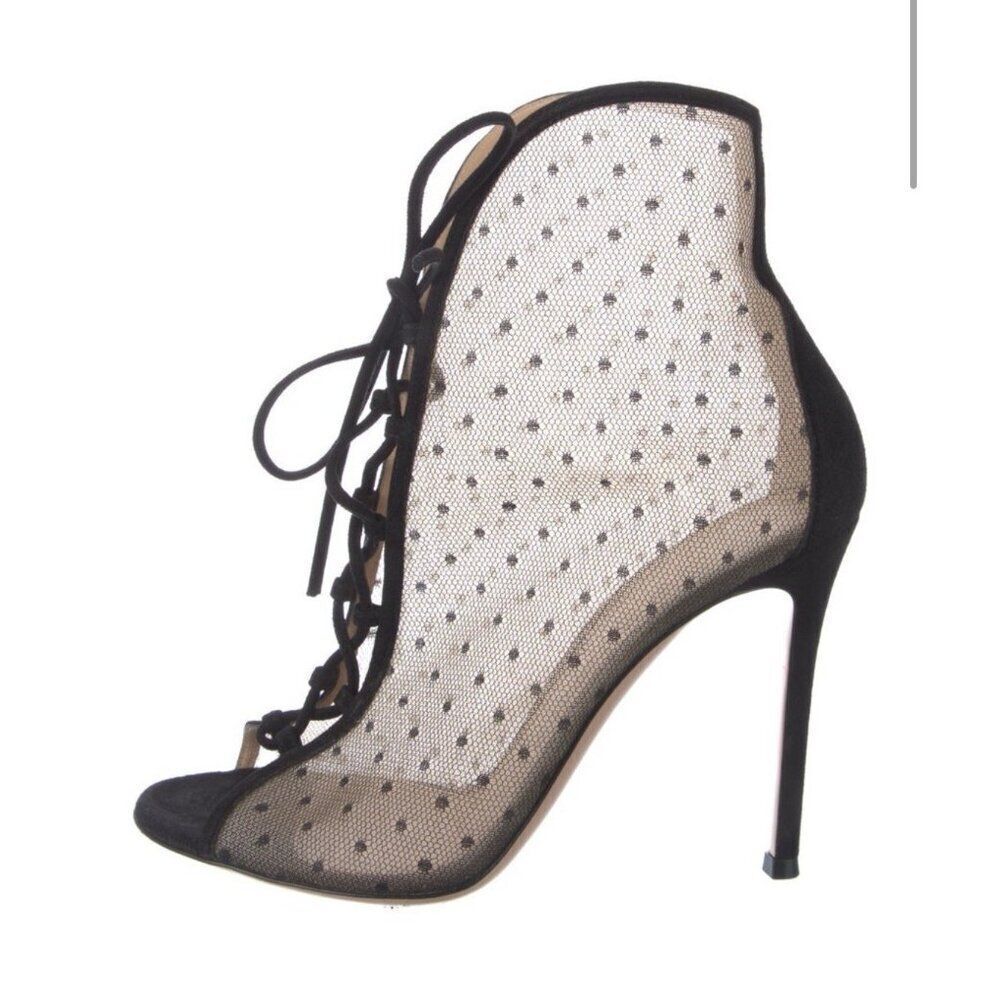 gianvito rossi Authentic Black Beige Mesh Lace Up Ankle Boots Heels 7